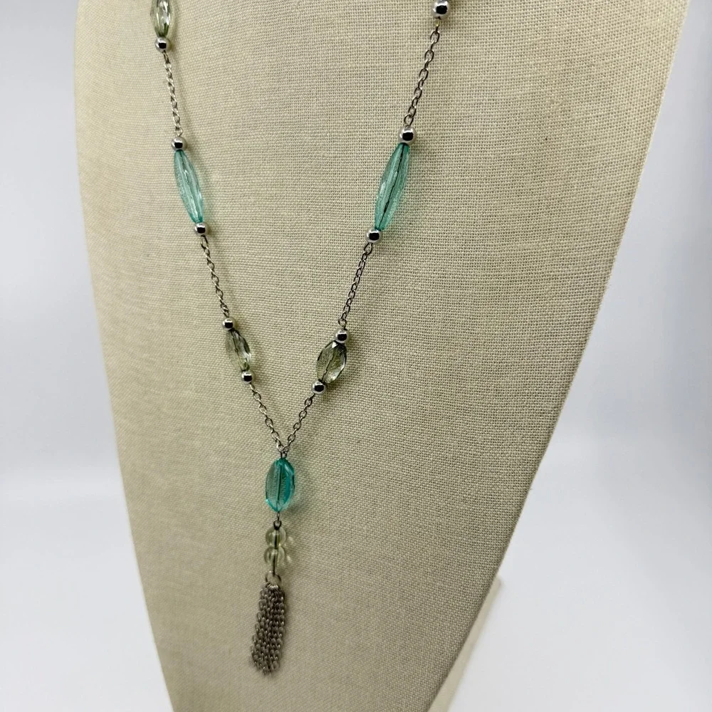 Necklace Turquoise Tone Green Bead Y Drop Silver Tone Chain Tassel Statement